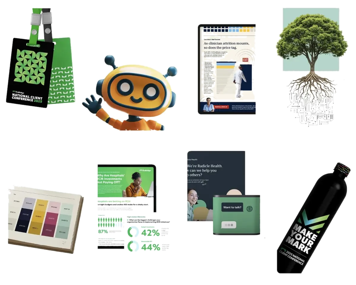 A selection of Parker House Creative client work: TruBridge conference badges and water bottle, a friendly robot mascot, report and infographic pages, a brand color palette, a tree-and-circuitry illustration, and a Radicle Health event booth.